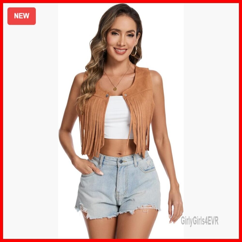 Faux Suede Fringe Vest Sleeveless Cowgirl Jacket 70s Hippie Style
